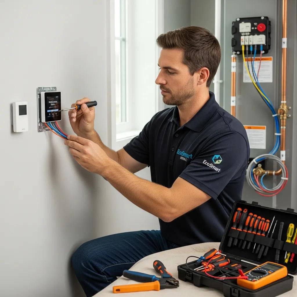 Technician installing a smart thermostat — professional HVAC installation