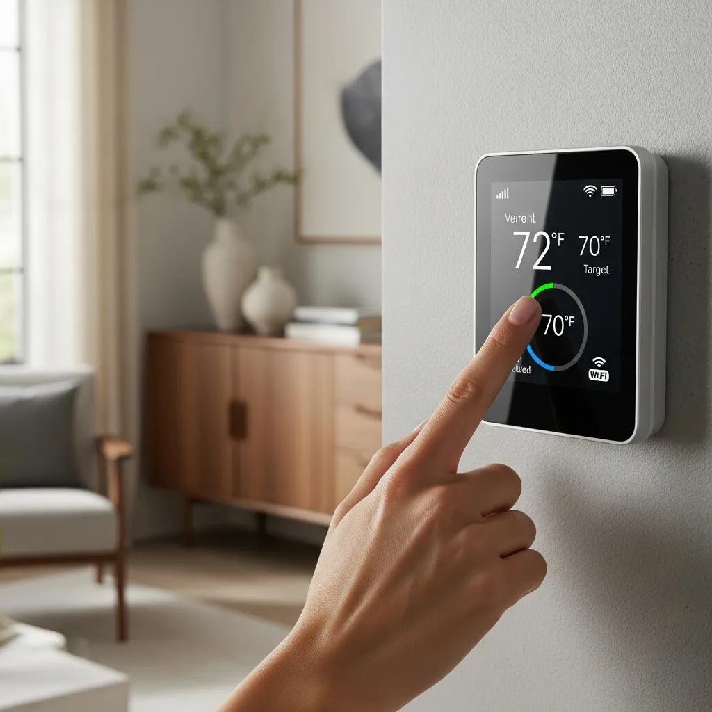 Smart thermostat being adjusted in a stylish home environment