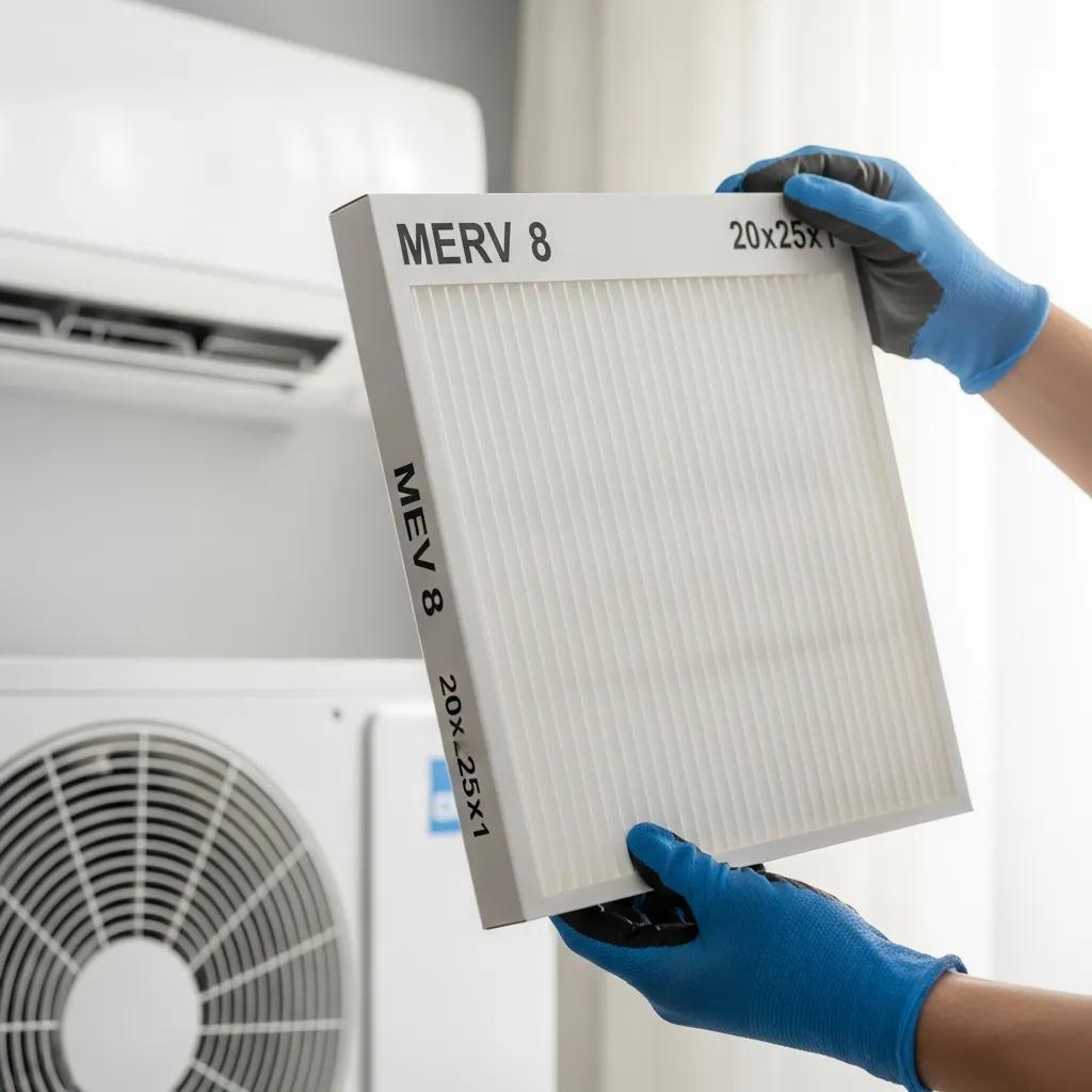 Clean air filter held by technician during spring HVAC maintenance